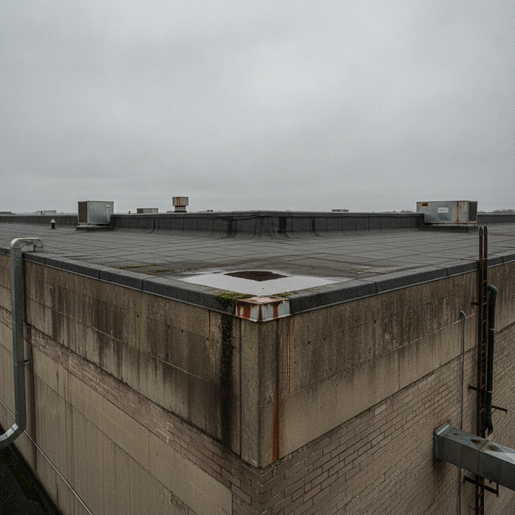 Aging commercial roof membrane showing wear and ponding water