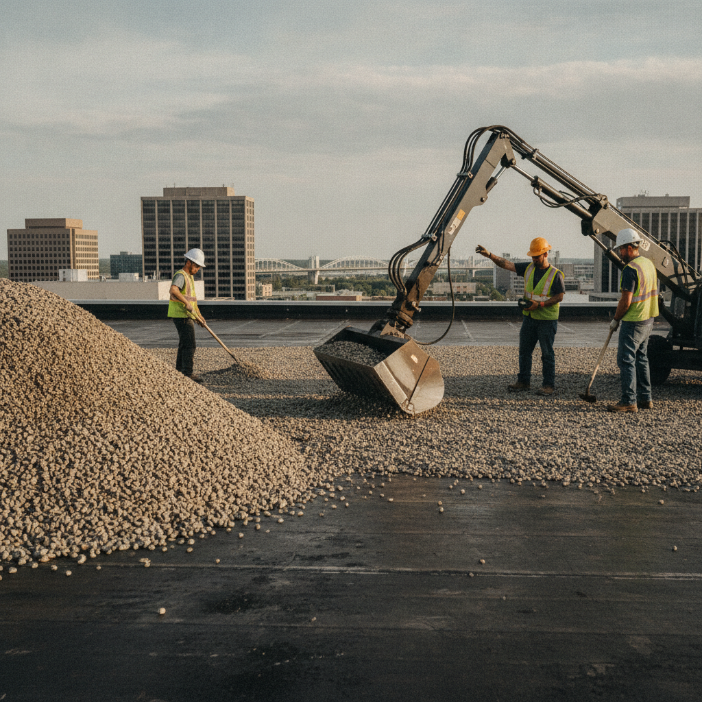 Crew removing stone ballast from a commercial rooftop with a mechanical scoop