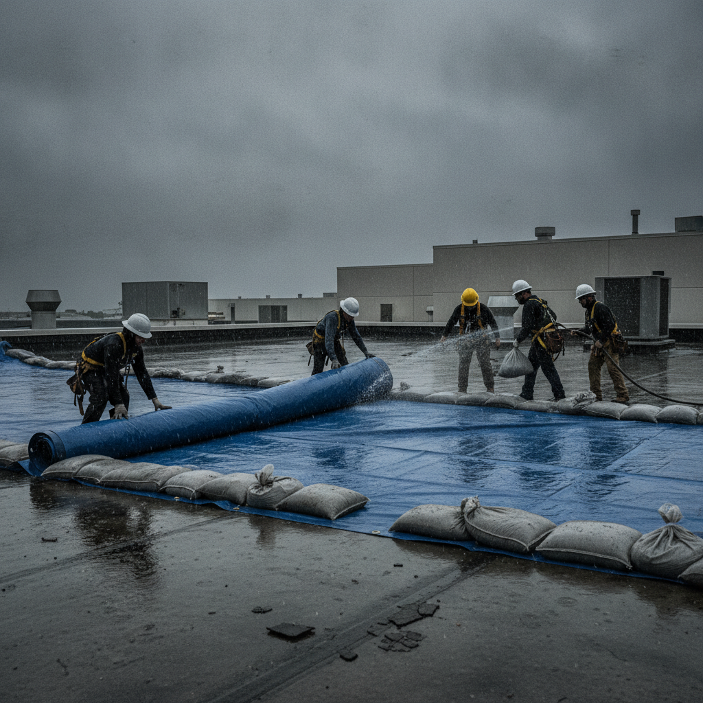 Roofing crew installing an emergency tarp over storm-damaged roof section