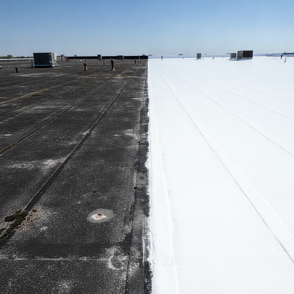 Aging roof section next to a freshly coated section