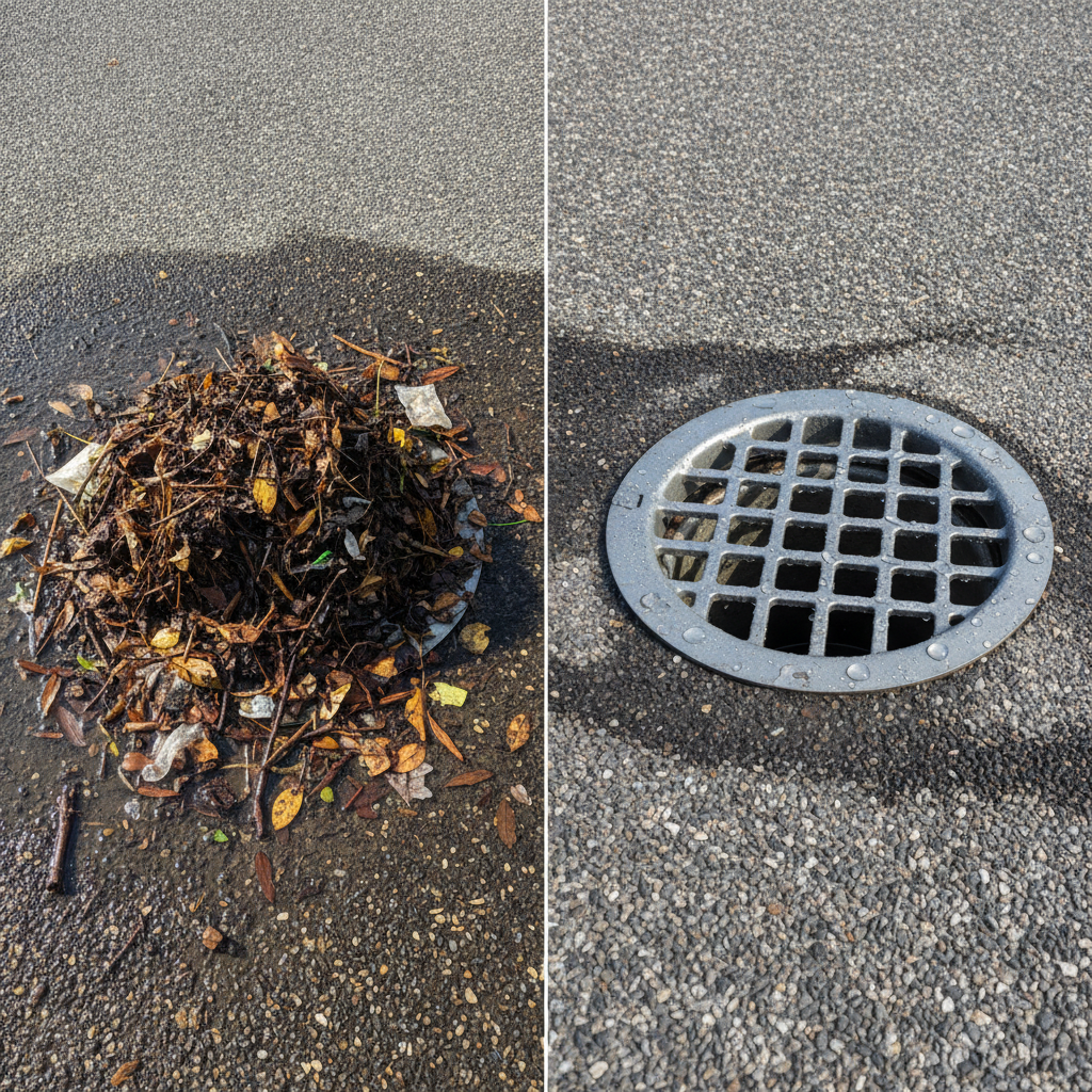 Clogged roof drain next to a clear roof drain
