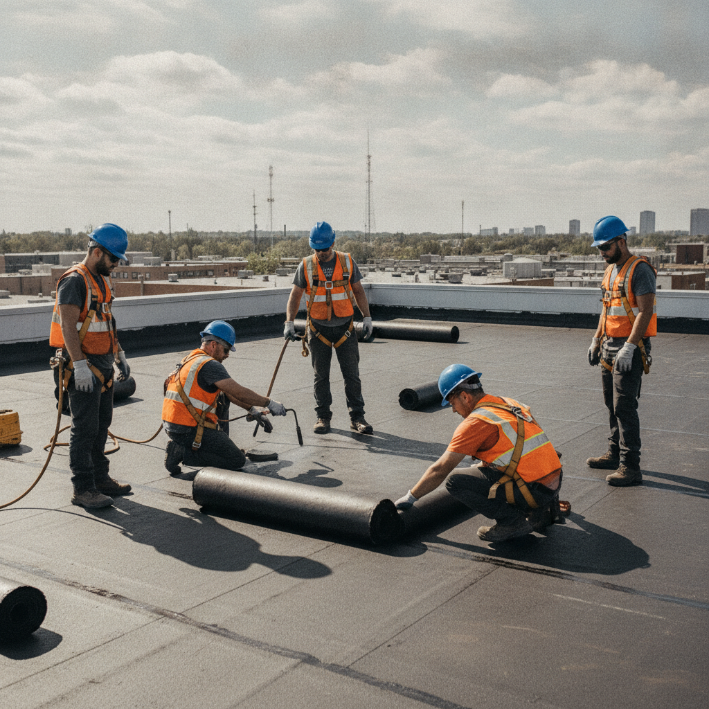 Roofing crew in matching safety gear working together on a commercial roof